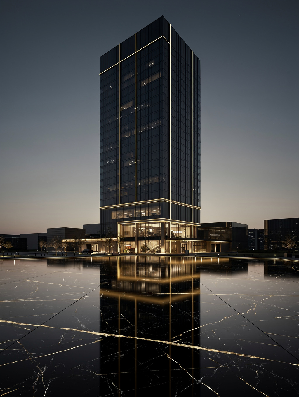 Modern glass and steel government building architecture reflecting blue hour light